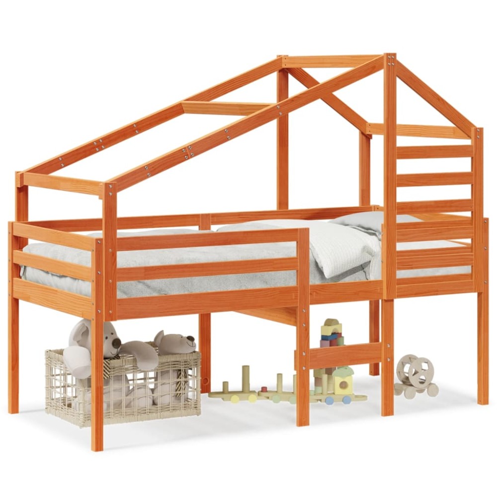 vidaXL Pat înalt cu acoperiș, maro ceruit, 80x200 cm, lemn masiv pin