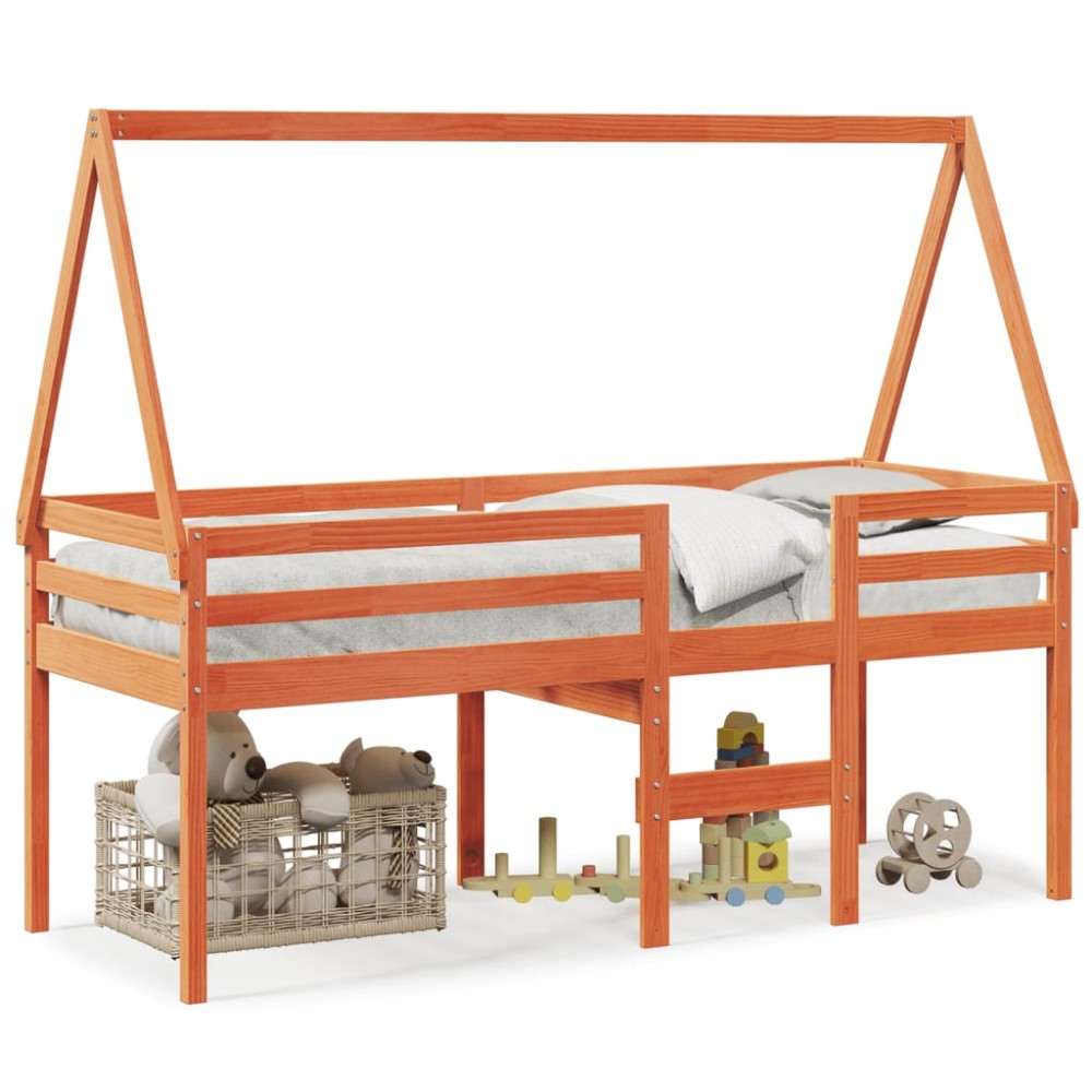 vidaXL Pat înalt cu acoperiș, maro ceruit, 80x200 cm, lemn masiv pin