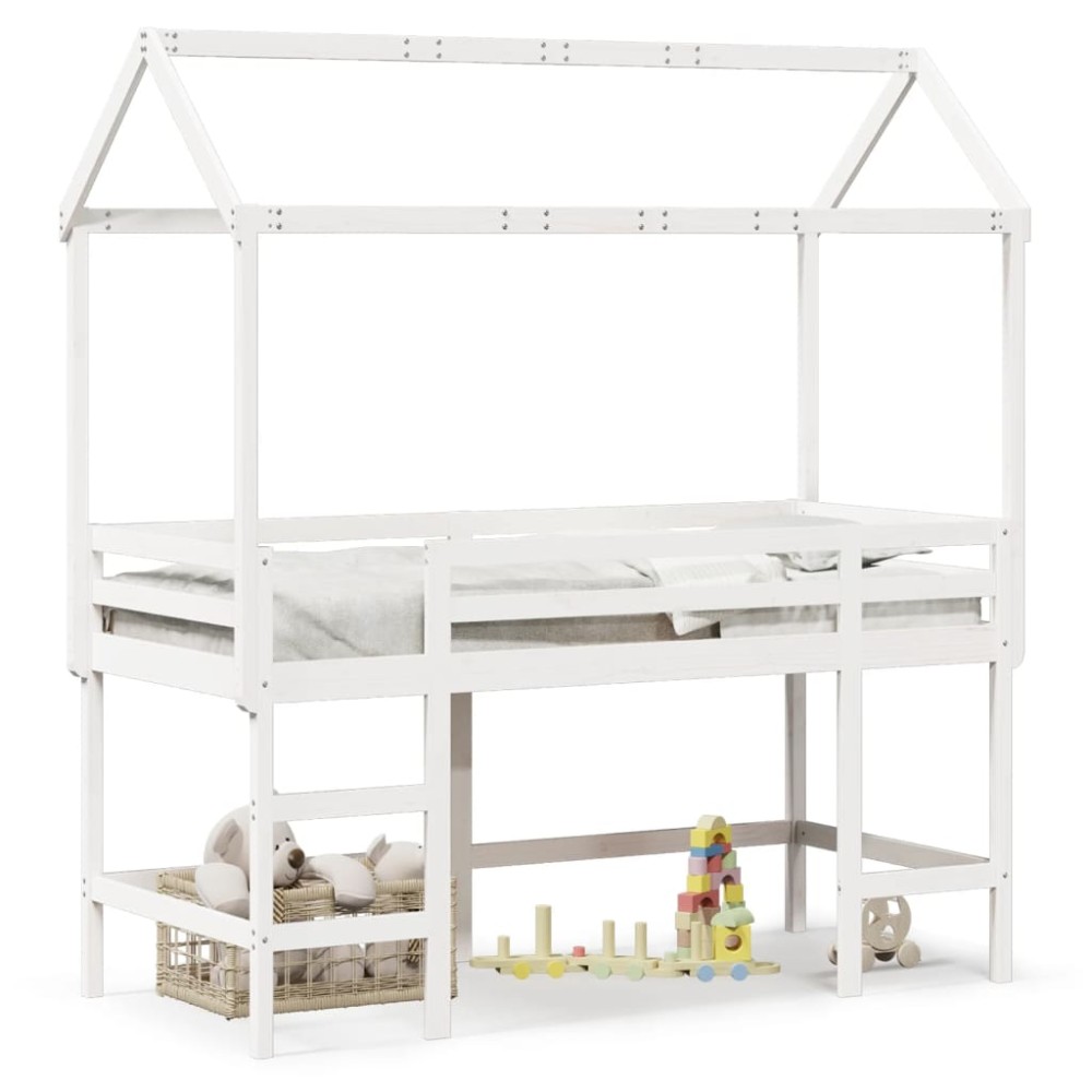 vidaXL Pat etajat cu scară și acoperiș, alb, 90x200 cm, lemn masiv pin