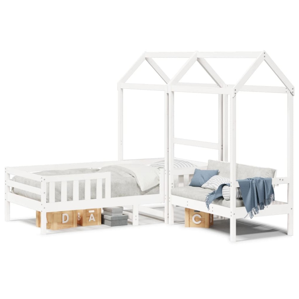 vidaXL Set pat și bancă cu acoperiș, alb, 100x200 cm, lemn masiv pin