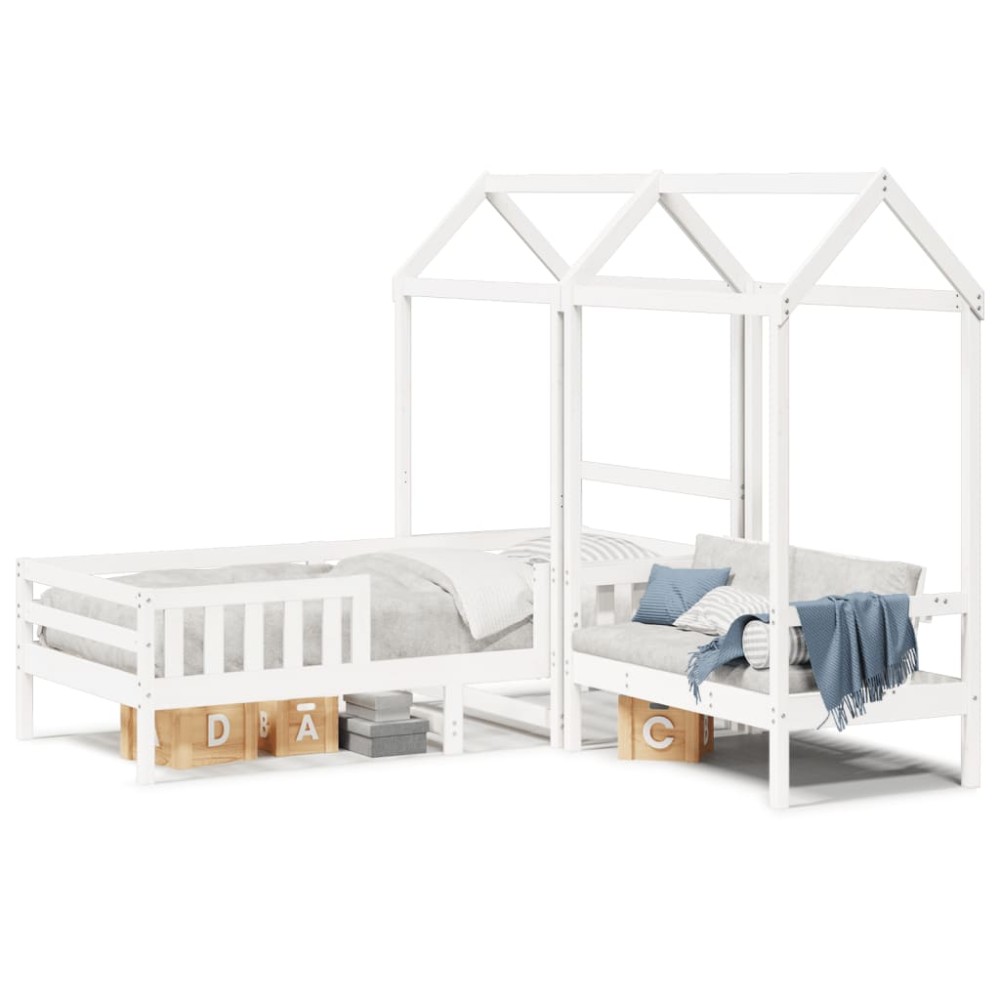 vidaXL Set pat și bancă cu acoperiș, alb, 80x200 cm, lemn masiv de pin
