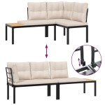 vidaXL Bănci grădină cu perne, 3 buc., negru oțel vopsit electrostatic