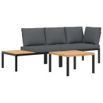 vidaXL Set canapea de grădină, 3 piese, cu perne, negru, aluminiu