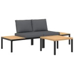 vidaXL Set canapea de grădină, 3 piese, cu perne, negru, aluminiu