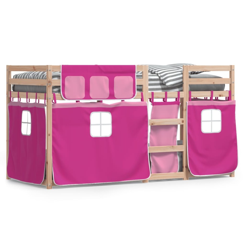 vidaXL Pat supraetajat cu perdele, roz, 90x190 cm, lemn masiv pin