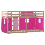 vidaXL Pat supraetajat cu perdele, roz, 90x190 cm, lemn masiv pin