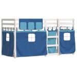 vidaXL Pat supraetajat cu perdele, albastru, 75x190 cm, lemn masiv pin