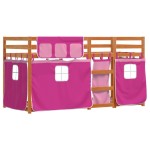 vidaXL Pat supraetajat cu perdele, roz, 75x190 cm, lemn masiv pin