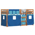 vidaXL Pat supraetajat cu perdele, albastru, 90x190 cm, lemn masiv pin