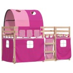 vidaXL Pat supraetajat cu perdele, roz, 90x190 cm, lemn masiv pin