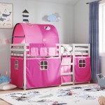 vidaXL Pat supraetajat cu perdele, roz, 75x190 cm, lemn masiv pin