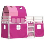 vidaXL Pat supraetajat cu perdele, roz, 75x190 cm, lemn masiv pin