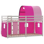 vidaXL Pat supraetajat cu perdele, roz, 75x190 cm, lemn masiv pin