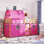 vidaXL Pat supraetajat cu perdele, roz, 80x200 cm, lemn masiv pin