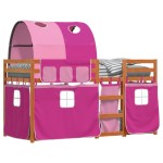vidaXL Pat supraetajat cu perdele, roz, 75x190 cm, lemn masiv pin