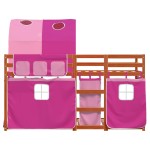 vidaXL Pat supraetajat cu perdele, roz, 75x190 cm, lemn masiv pin