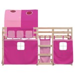 vidaXL Pat supraetajat cu perdele, roz, 90x190 cm, lemn masiv pin