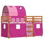 vidaXL Pat supraetajat cu perdele, roz, 90x200 cm, lemn masiv pin