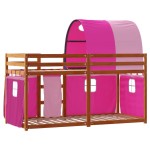 vidaXL Pat supraetajat cu perdele, roz, 90x190 cm, lemn masiv pin