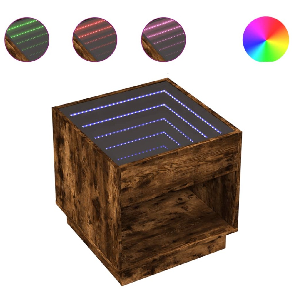 vidaXL Noptieră cu LED infinity, stejar fumuriu, 50x50x50 cm