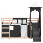 vidaXL Pat supraetajat cu tobogan și perdele, alb și negru, 90x200 cm vidaXL Pat supraetajat cu tobogan și perdele, alb și negru, 90x200 cm