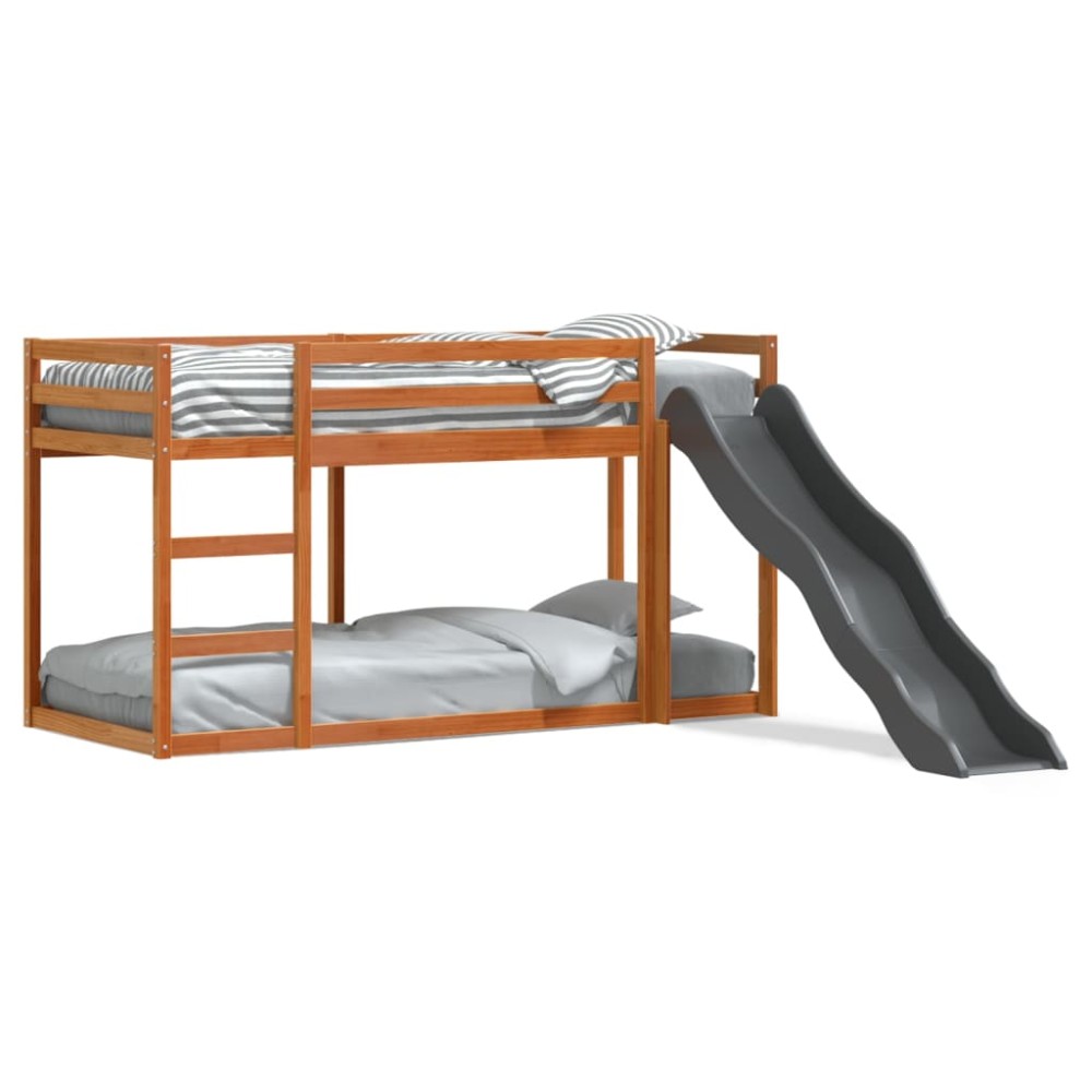 vidaXL Pat supraetajat cu tobogan/scară maro 90x200 cm, lemn masiv pin