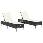 vidaXL Set de șezlonguri, 3 piese, cu pernă, poliratan negru vidaXL Set de șezlonguri, 3 piese, cu pernă, poliratan negru