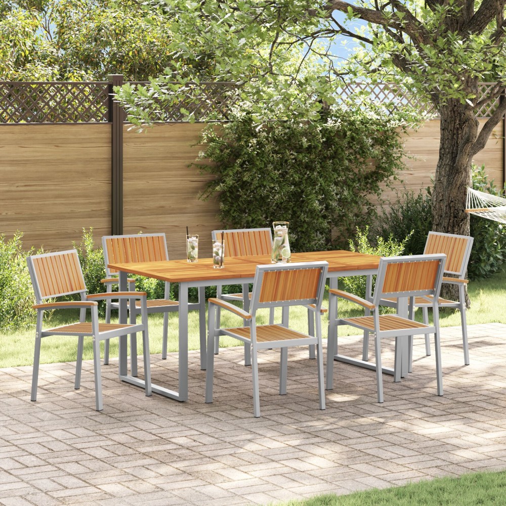 vidaXL Set de dining pentru grădină , 7 piese, oțel gri și lemn solid de acacia