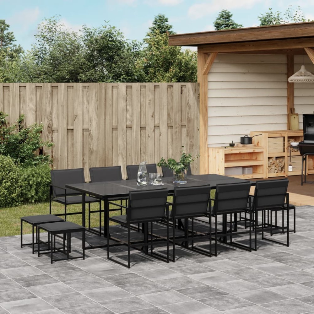 vidaXL Set mobilier de grădină, 13 piese, cu perne, negru, textilenă