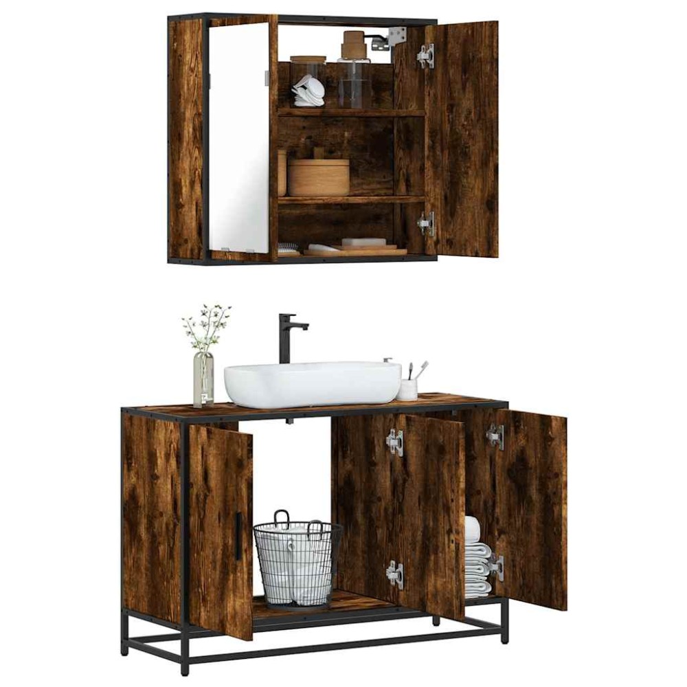vidaXL Set mobilier de baie, 2 piese, stejar fumuriu, lemn prelucrat