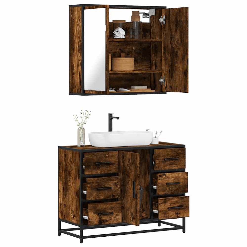 vidaXL Set mobilier de baie, 2 piese, stejar fumuriu, lemn prelucrat