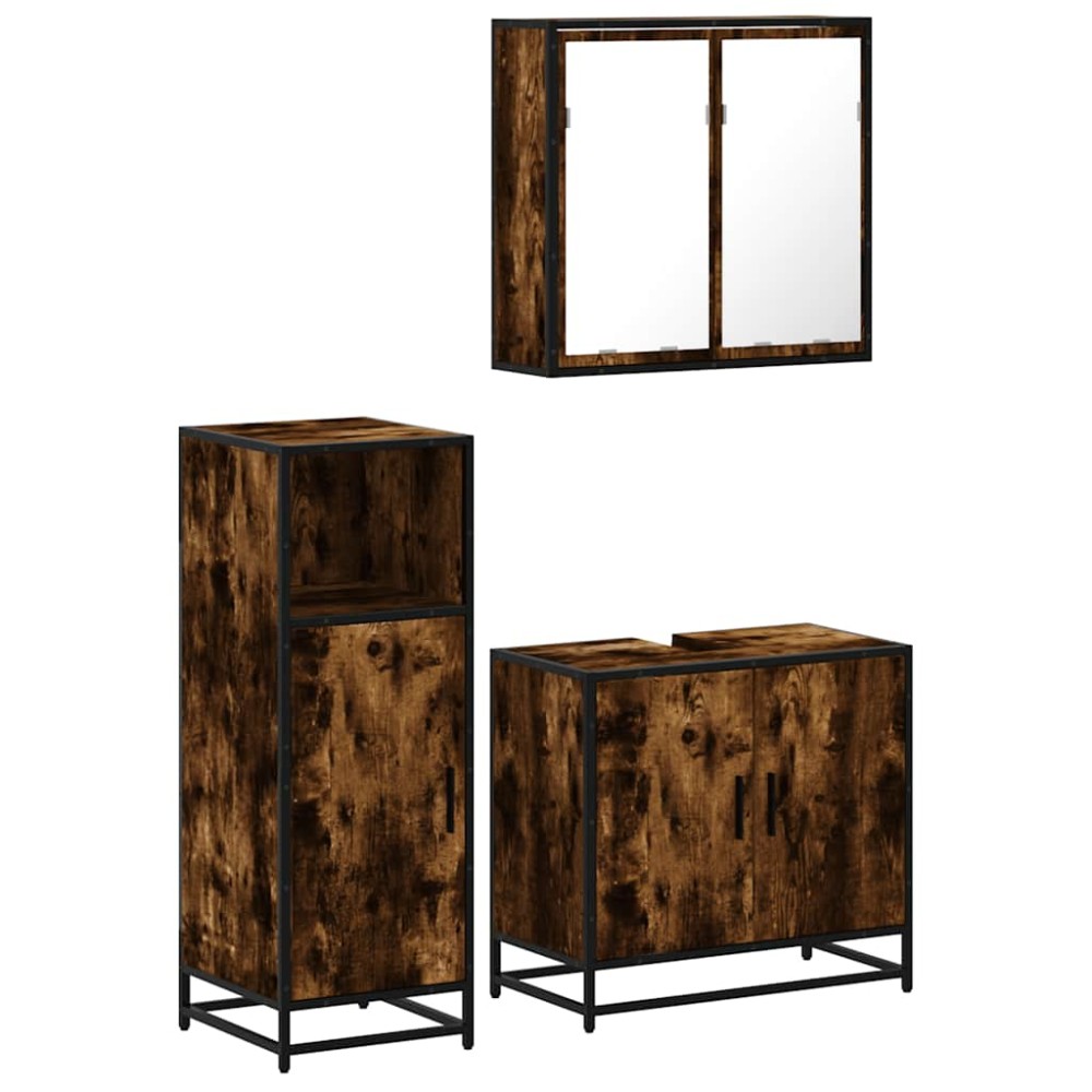 vidaXL Set mobilier de baie, 3 piese, stejar fumuriu, lemn prelucrat