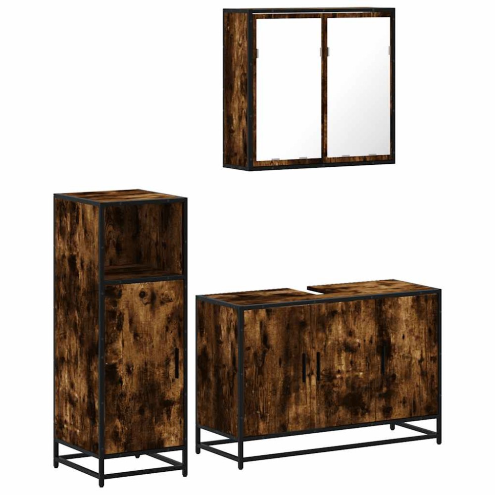 vidaXL Set mobilier de baie, 3 piese, stejar fumuriu, lemn prelucrat