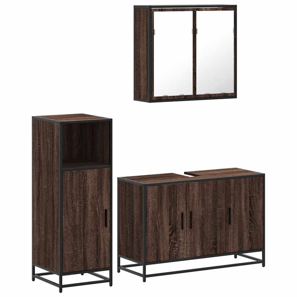 vidaXL Set mobilier de baie, 3 piese, stejar maro, lemn prelucrat