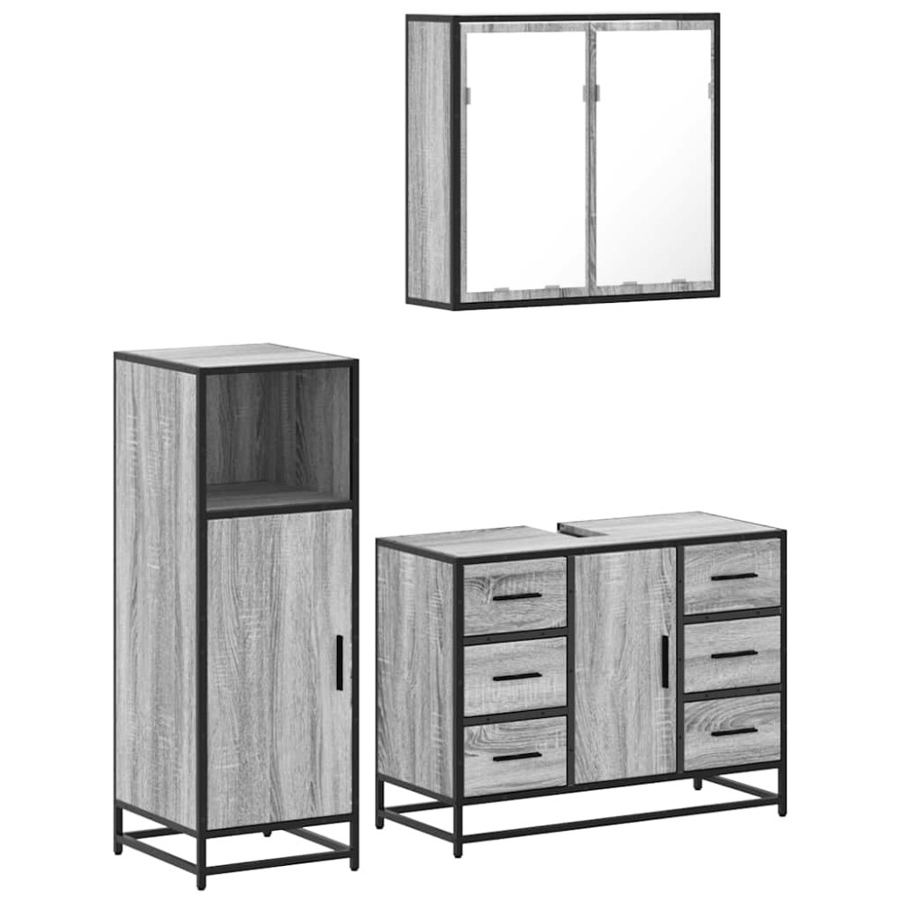 vidaXL Set mobilier de baie, 3 piese, gri sonoma, lemn prelucrat