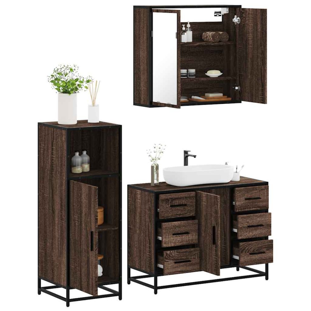 vidaXL Set mobilier de baie, 3 piese, stejar maro, lemn prelucrat