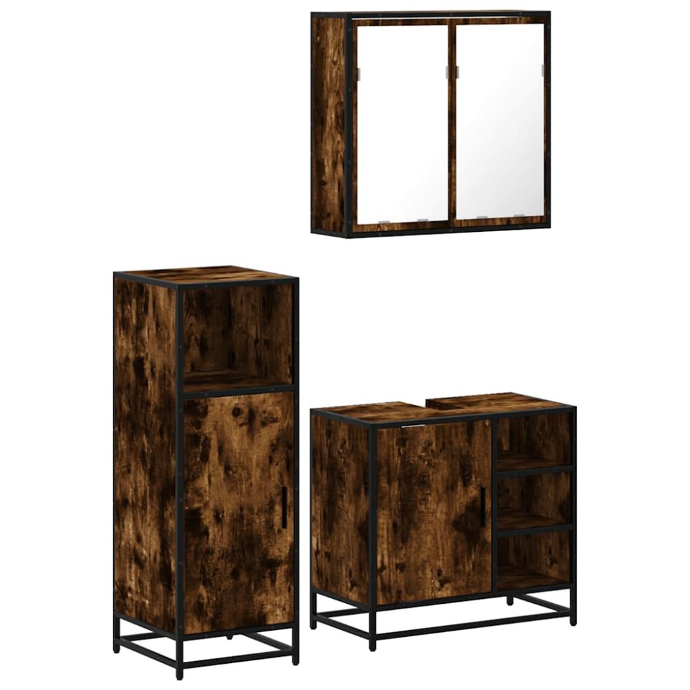 vidaXL Set mobilier de baie, 3 piese, stejar fumuriu, lemn prelucrat