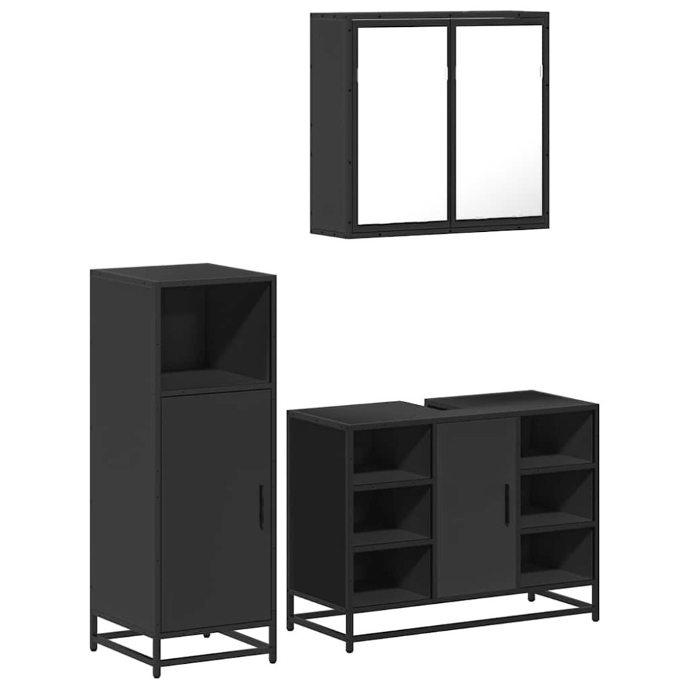 vidaXL Set mobilier de baie, 3 piese, negru, lemn compozit