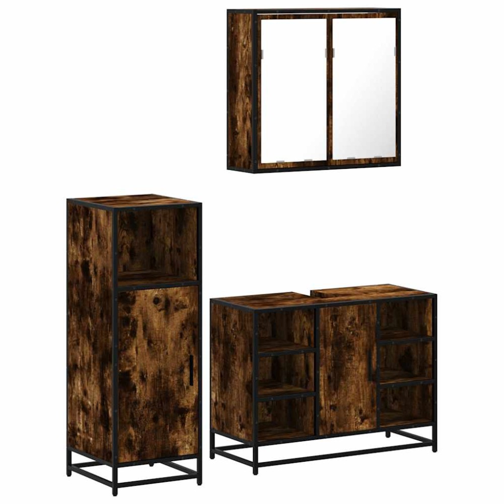 vidaXL Set mobilier de baie, 3 piese, stejar fumuriu, lemn prelucrat