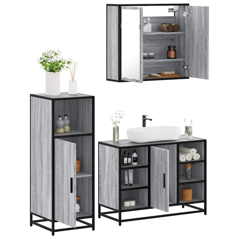 vidaXL Set mobilier de baie, 3 piese, gri sonoma, lemn prelucrat