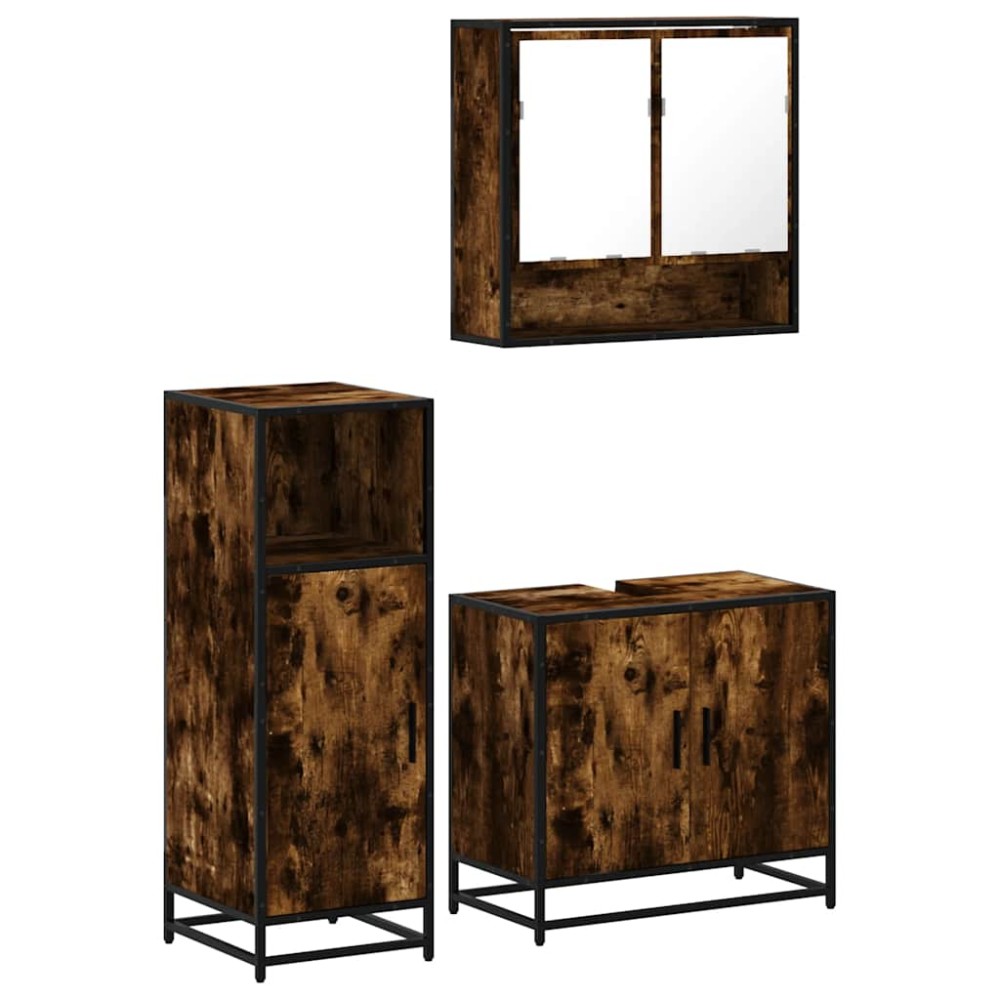 vidaXL Set mobilier de baie, 3 piese, stejar fumuriu, lemn prelucrat