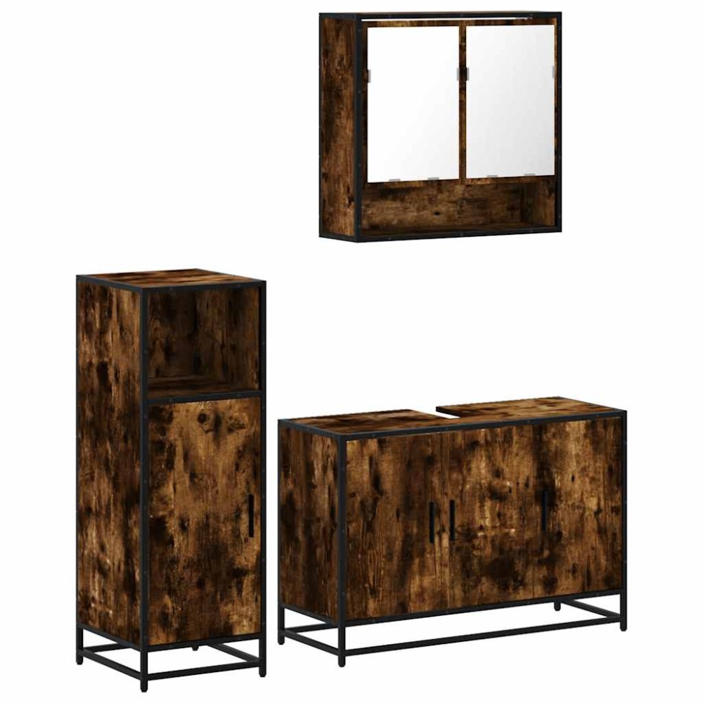 vidaXL Set mobilier de baie, 3 piese, stejar fumuriu, lemn prelucrat