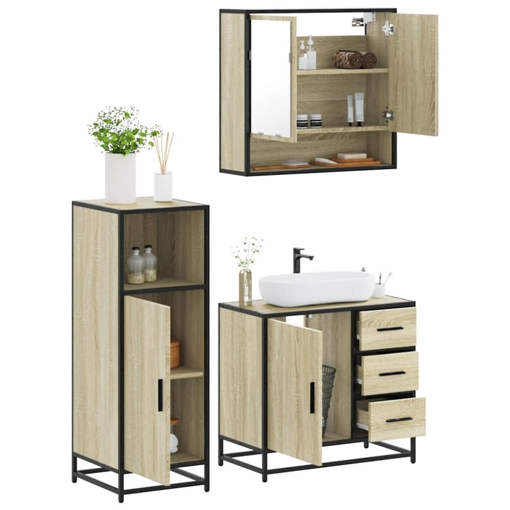 vidaXL Set mobilier de baie, 3 piese, stejar sonoma, lemn prelucrat
