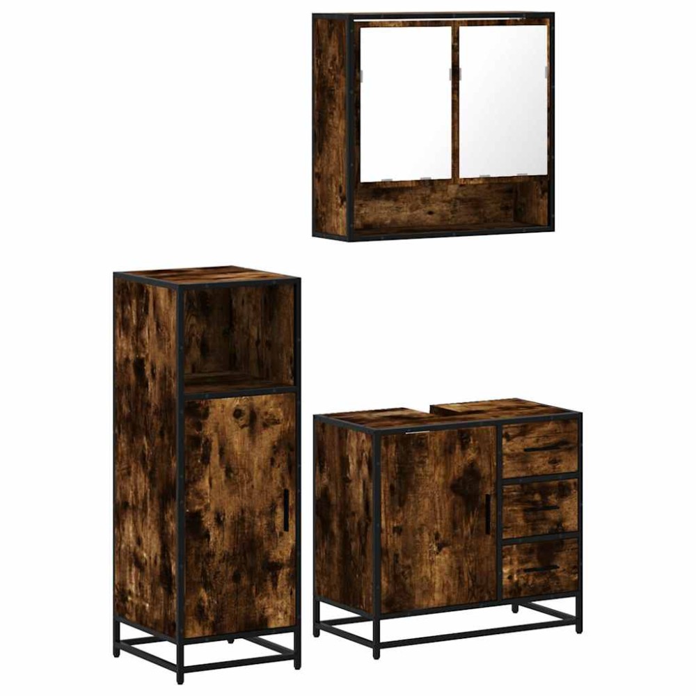 vidaXL Set mobilier de baie, 3 piese, stejar fumuriu, lemn prelucrat
