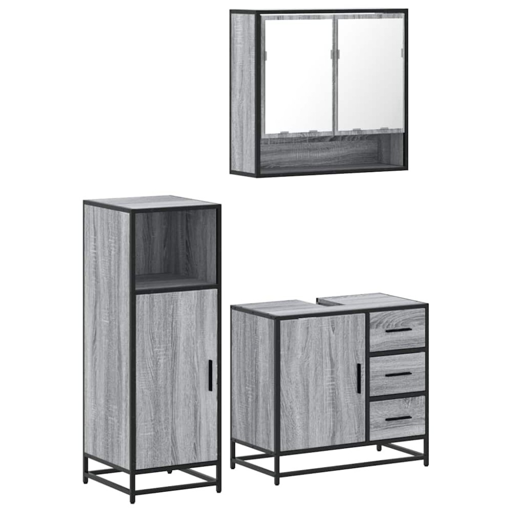 vidaXL Set mobilier de baie, 3 piese, gri sonoma, lemn prelucrat