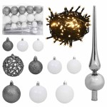 vidaXL Set globuri Crăciun cu vârf & 150 LED-uri 61 piese alb & gri vidaXL Set globuri Crăciun cu vârf & 150 LED-uri 61 piese alb & gri
