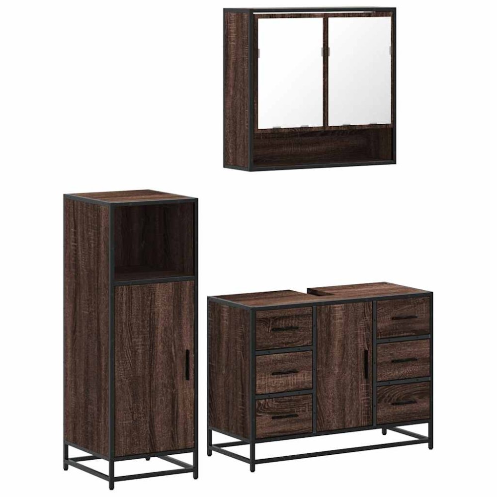 vidaXL Set mobilier de baie, 3 piese, stejar maro, lemn prelucrat
