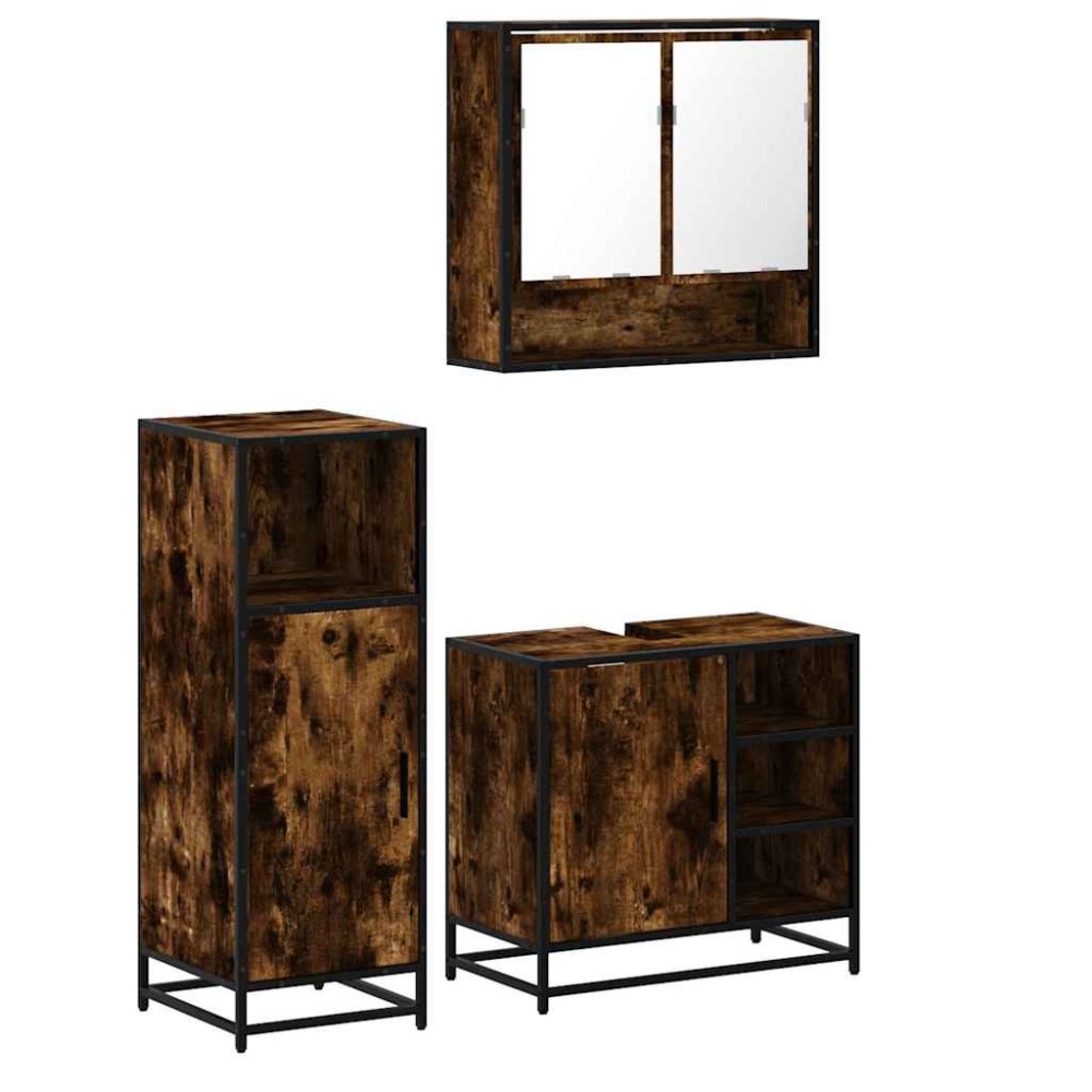 vidaXL Set mobilier de baie, 3 piese, stejar fumuriu, lemn prelucrat