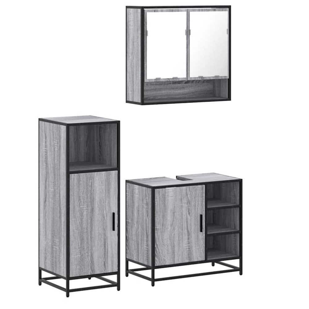vidaXL Set mobilier de baie, 3 piese, gri sonoma, lemn prelucrat