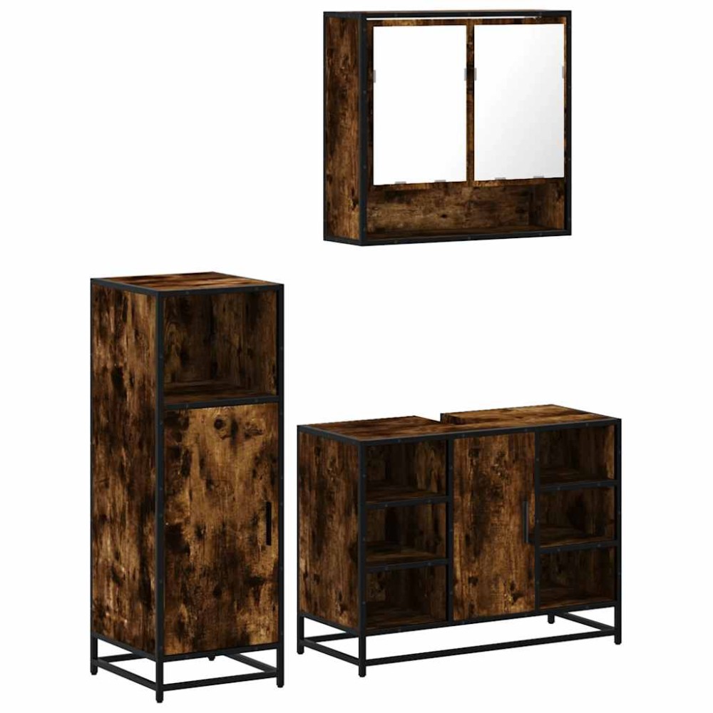vidaXL Set mobilier de baie, 3 piese, stejar fumuriu, lemn prelucrat